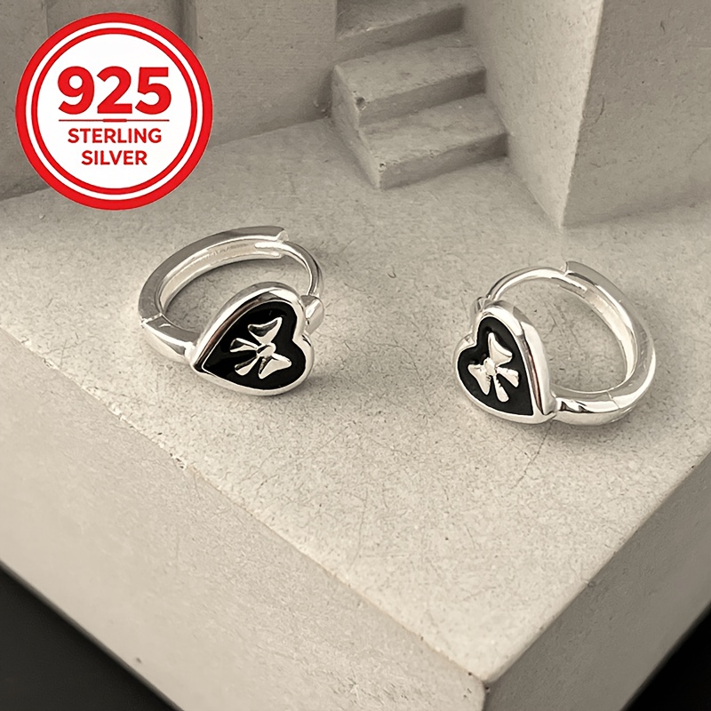 Women's 925 Sterling Silver Black Epoxy Heart Butterfly Pendant Earrings